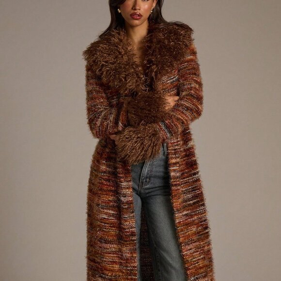 Multicolor Bohemian Women's fuzzy Collar & Cuffs Long Striped sweater Cardigan - Picture 1 of 7